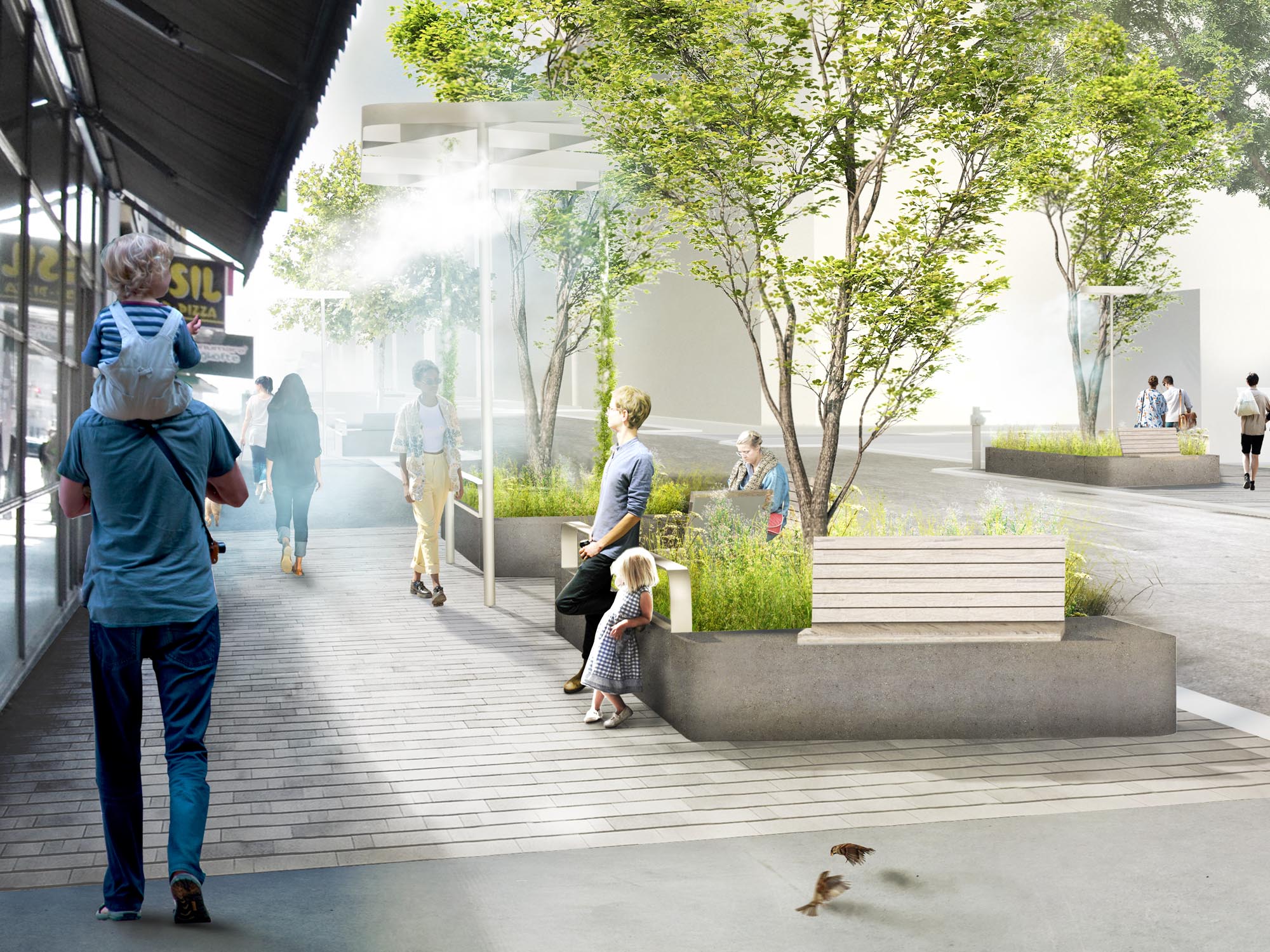 Kühlendes Straßenmobiliar und 260 Sitzplätze machen die Thaliastraße nach der Neugestaltung zu einem urbanen Wohnzimmer. • DnD Landschaftsplanung