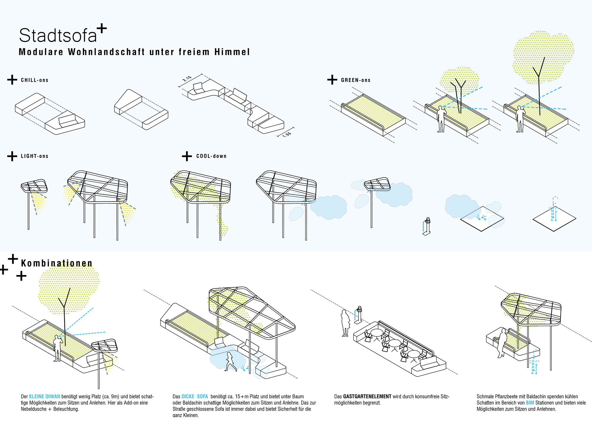 Das Stadtsofa bildet gemeinsam mit kühlenden Baldachins modulare Möbel für den Aufenthalt im Freien. • DnD Landschaftsplanung